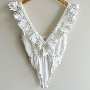 White Embroidered Ruffle Trim Deep-V Bodysuit